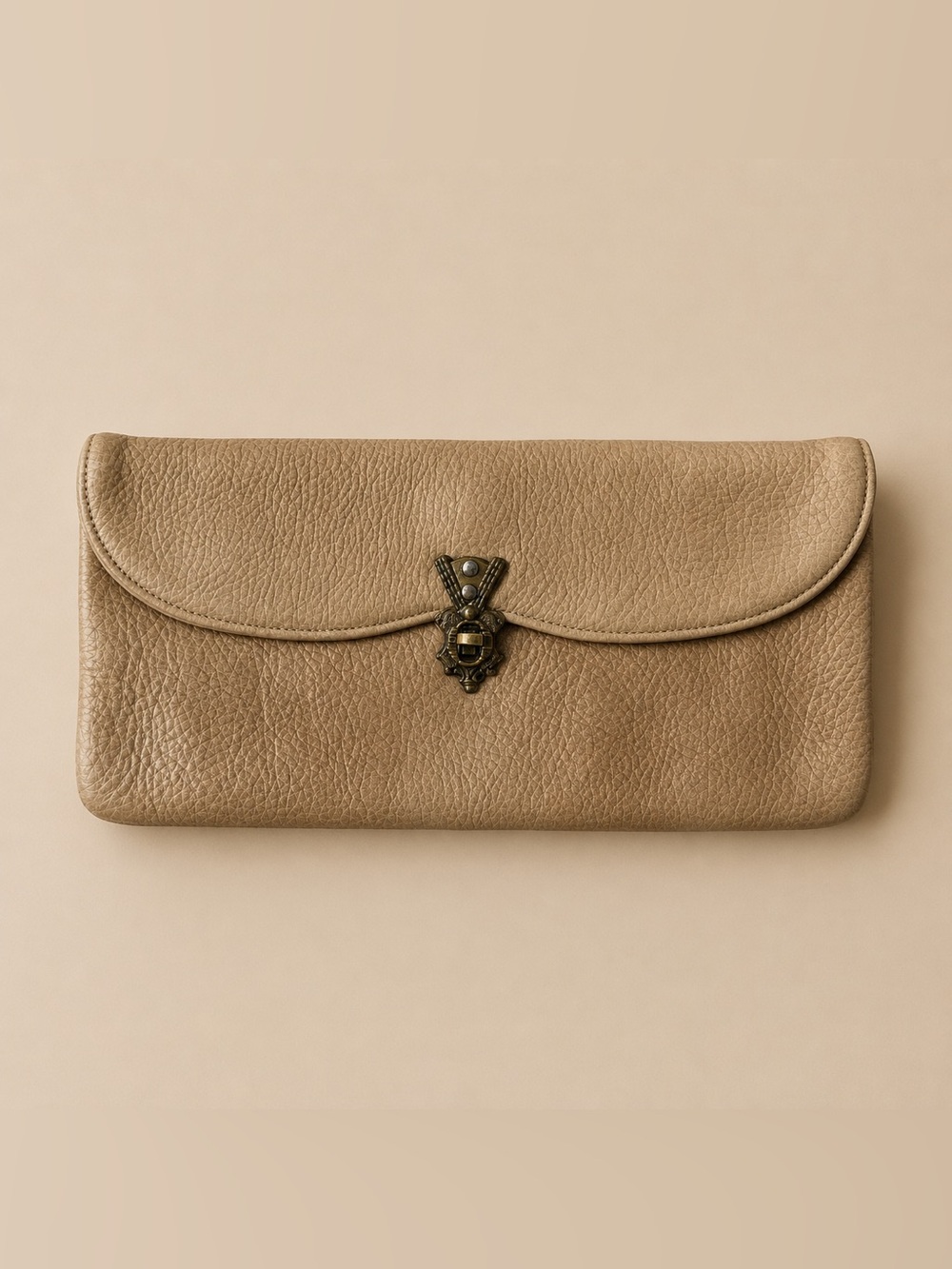 Vintage Tan Leather Clutch with Antique Brass Hardware